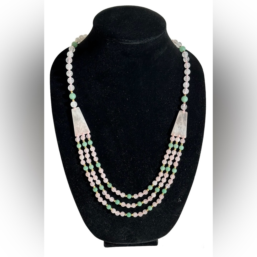 Rose Quartz and Jade Multistrand Beaded Necklace Hand Tied Modernist 32 in long